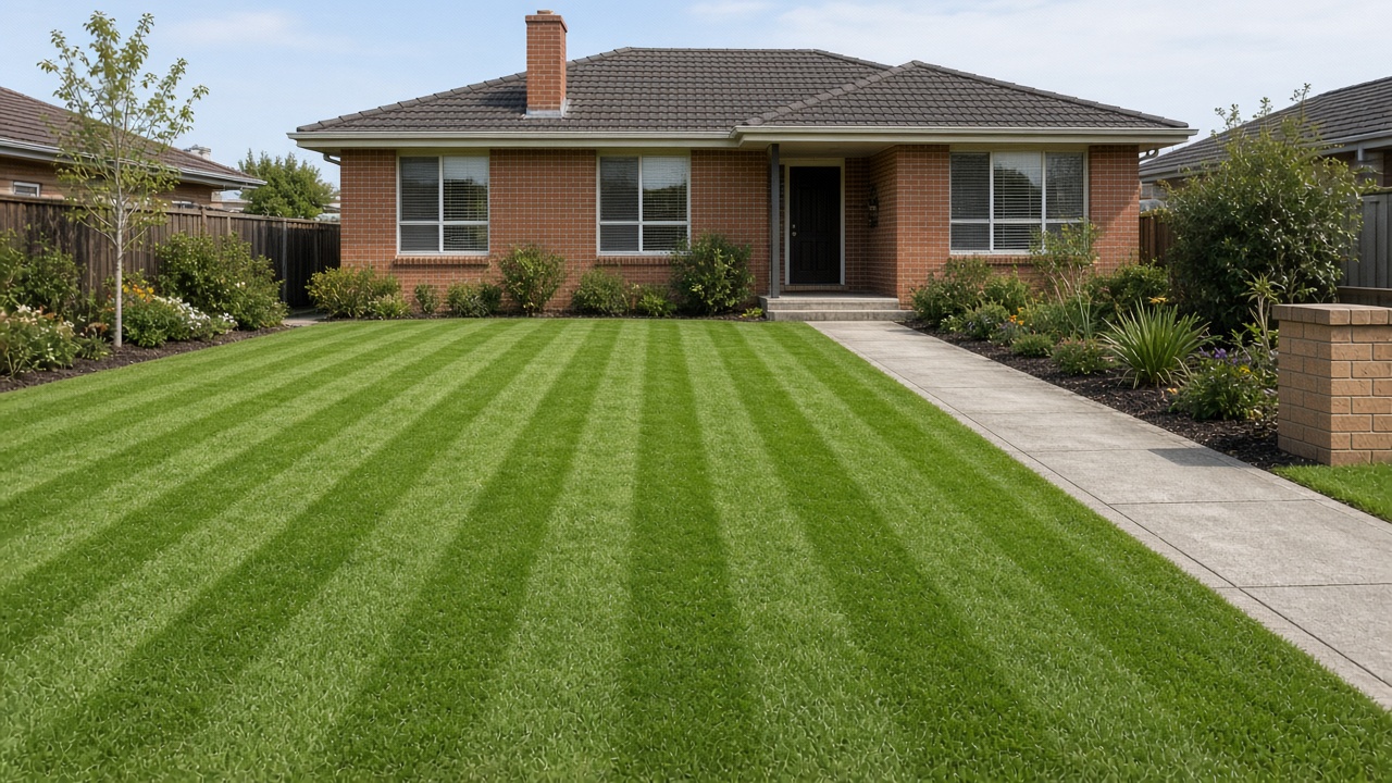 A freshly cut residential lawn